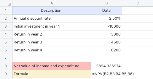 NPV function for Sheets