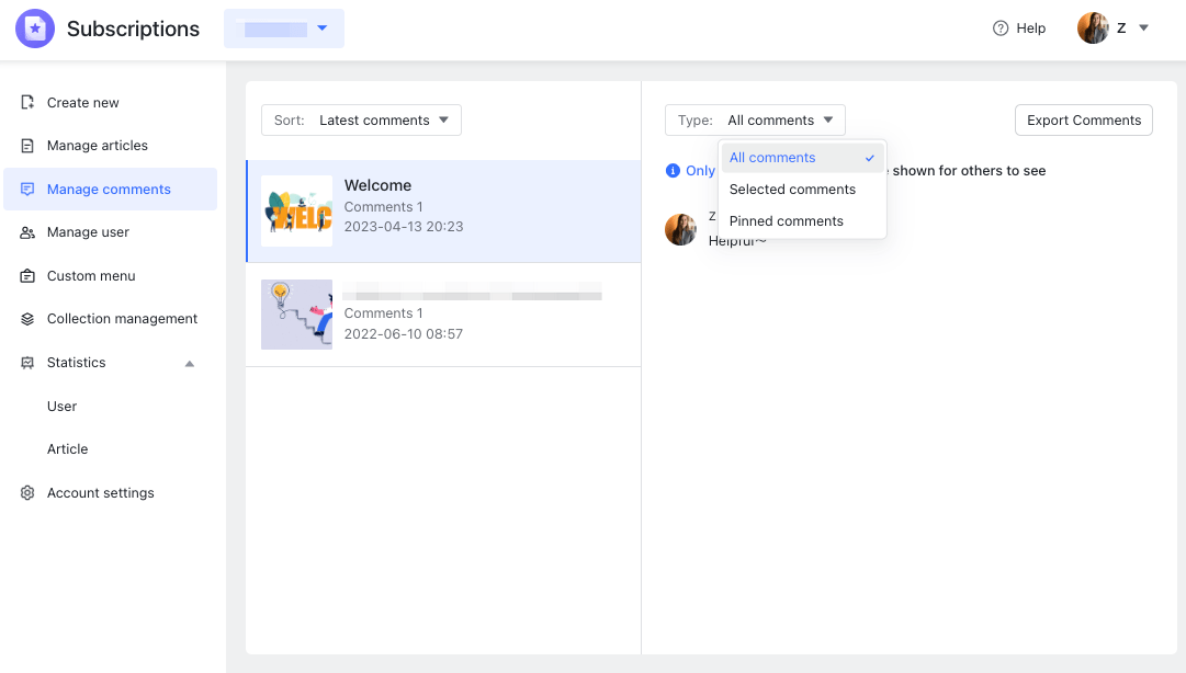 Manage Subscriptions user comments