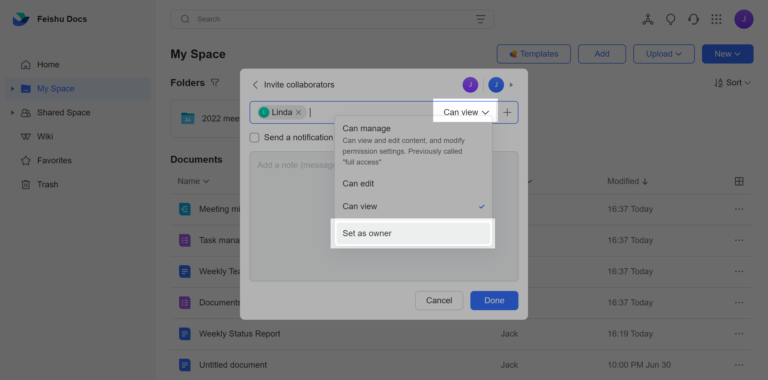 Document and folder ownership transfer