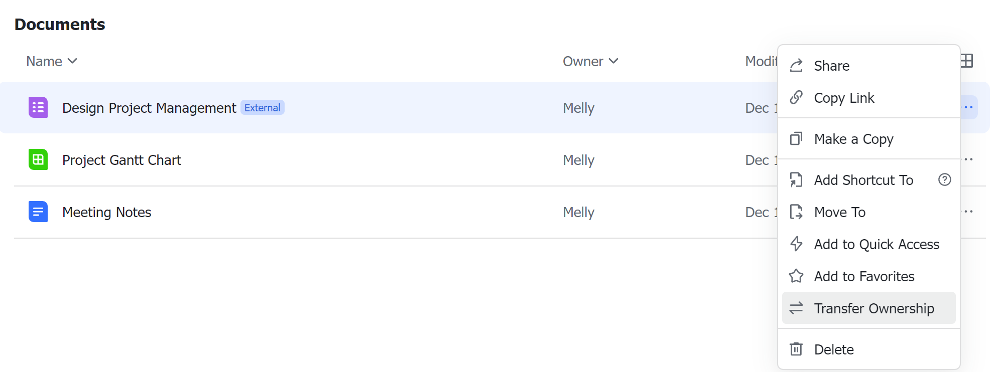 Transfer ownership of documents and folders