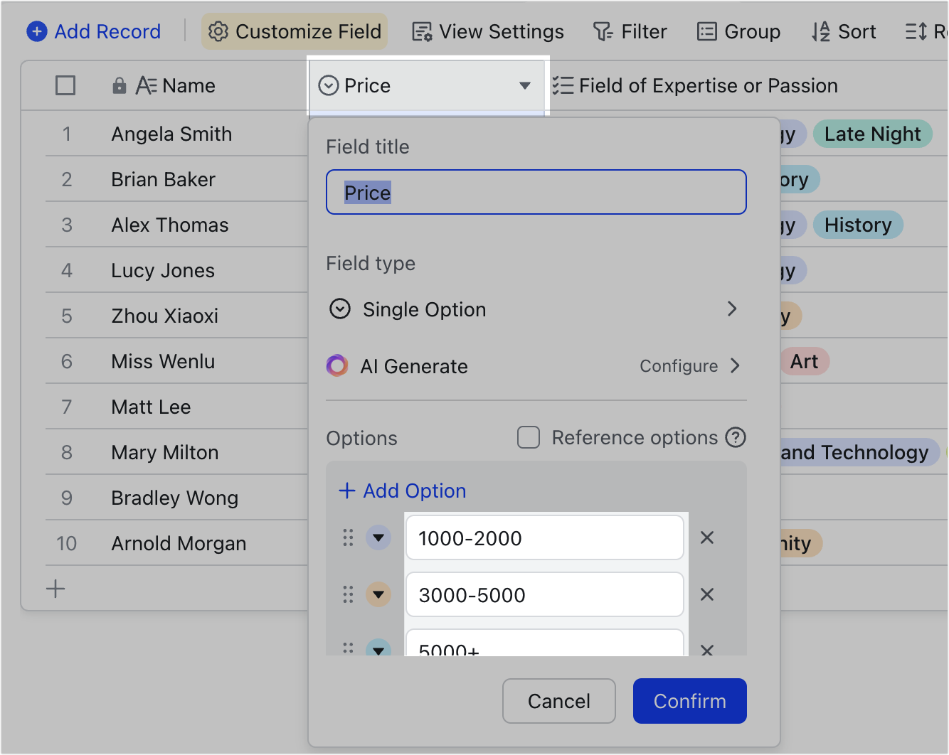 Use single and multiple option fields in Base