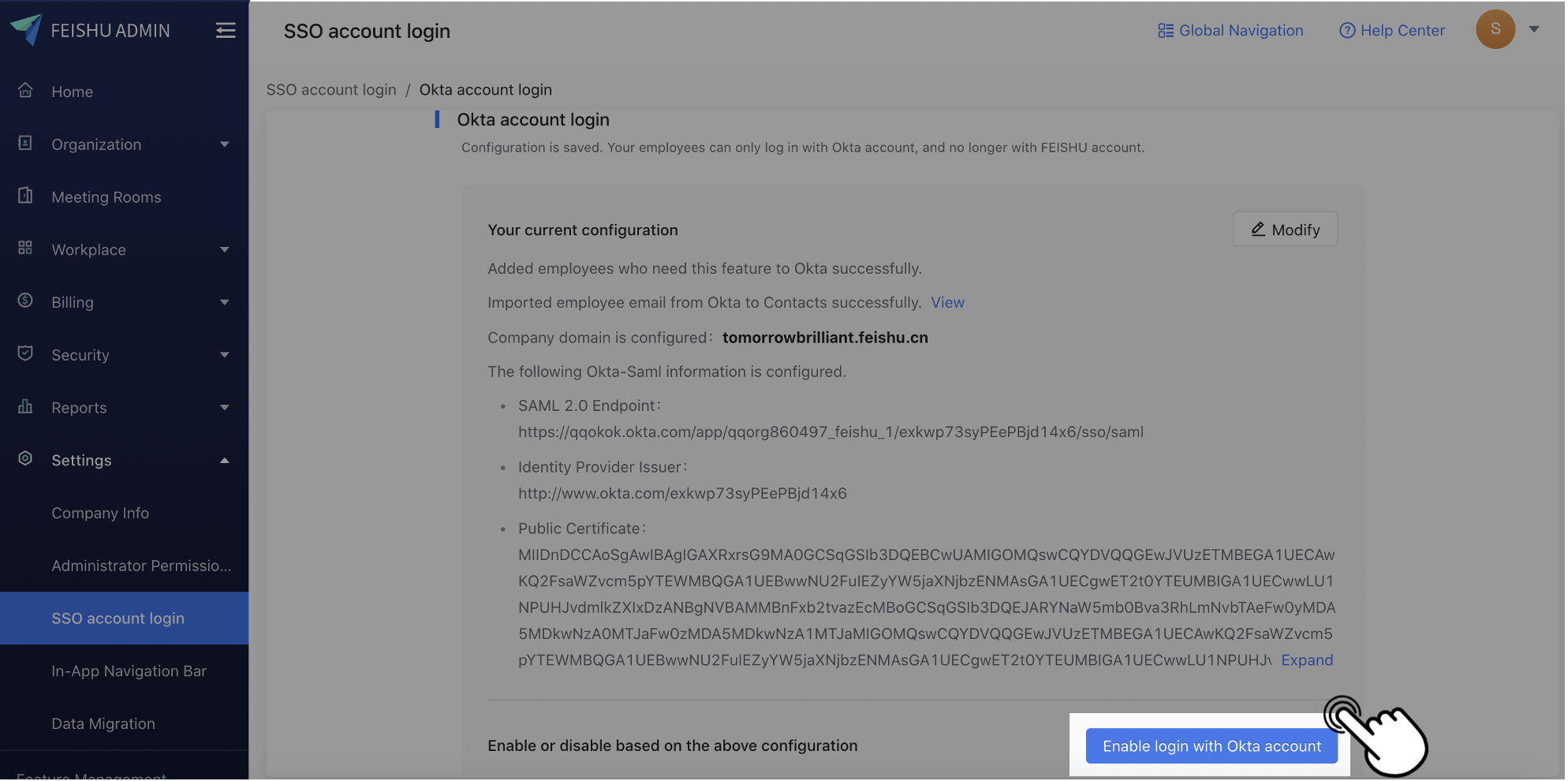 Configure SAML 2.0 SSO login (use Okta IdP)