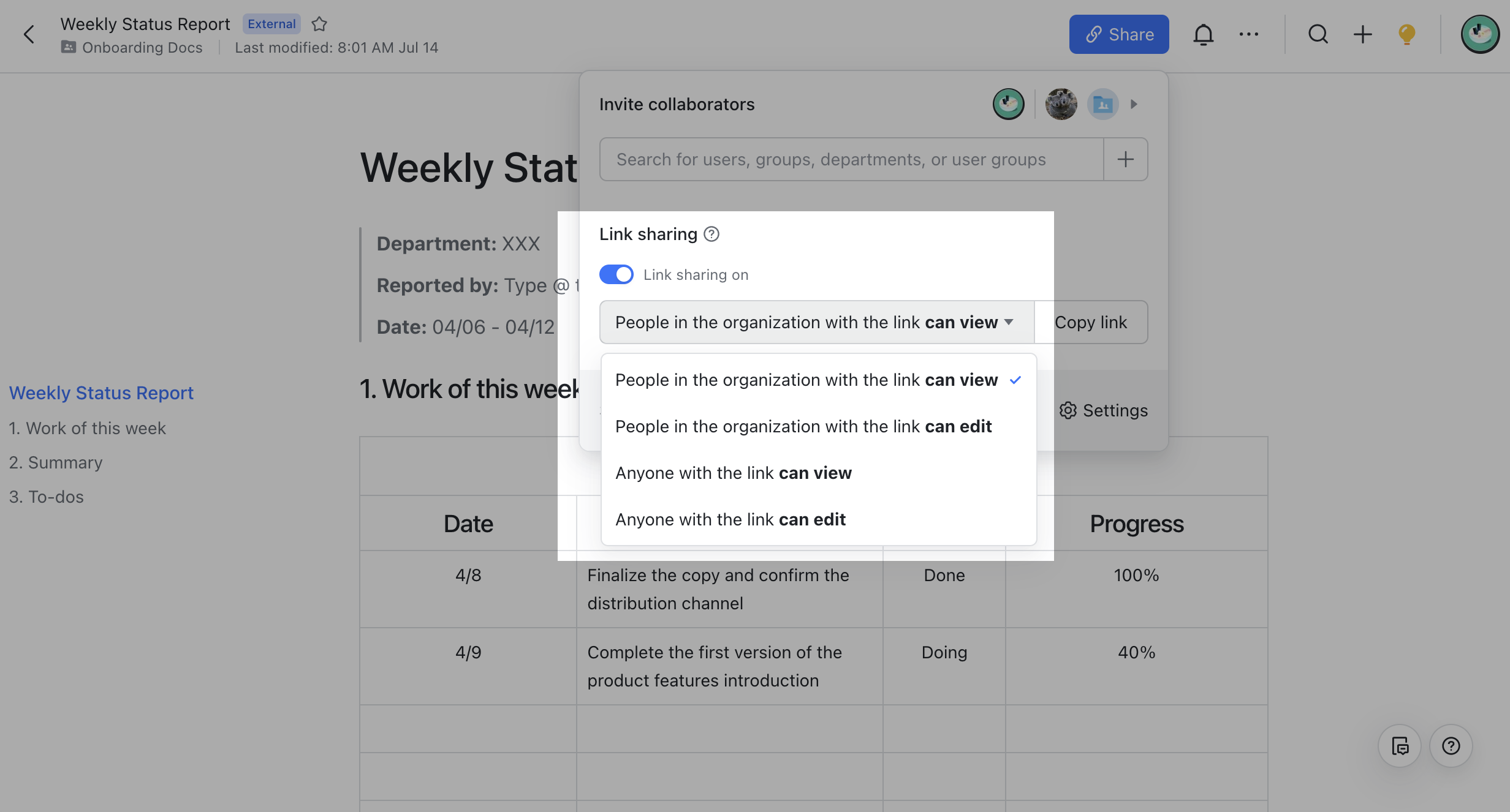 How can I manage permissions in Docs?