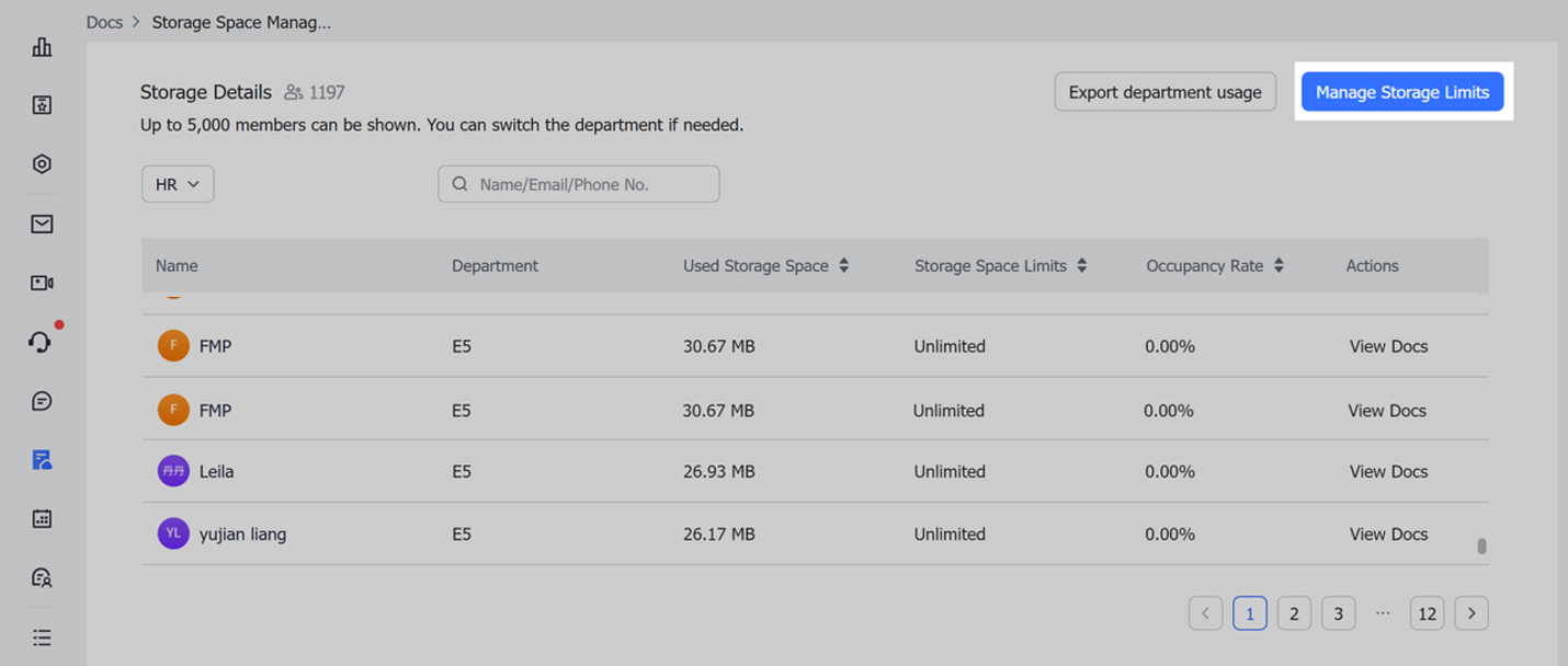 Set Docs storage usage limits for company members