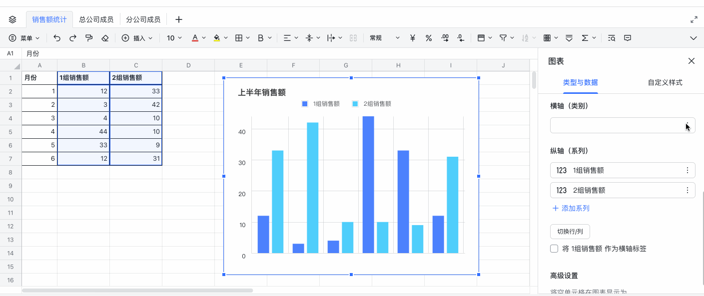 在表格中编辑图表的纵轴与横轴
