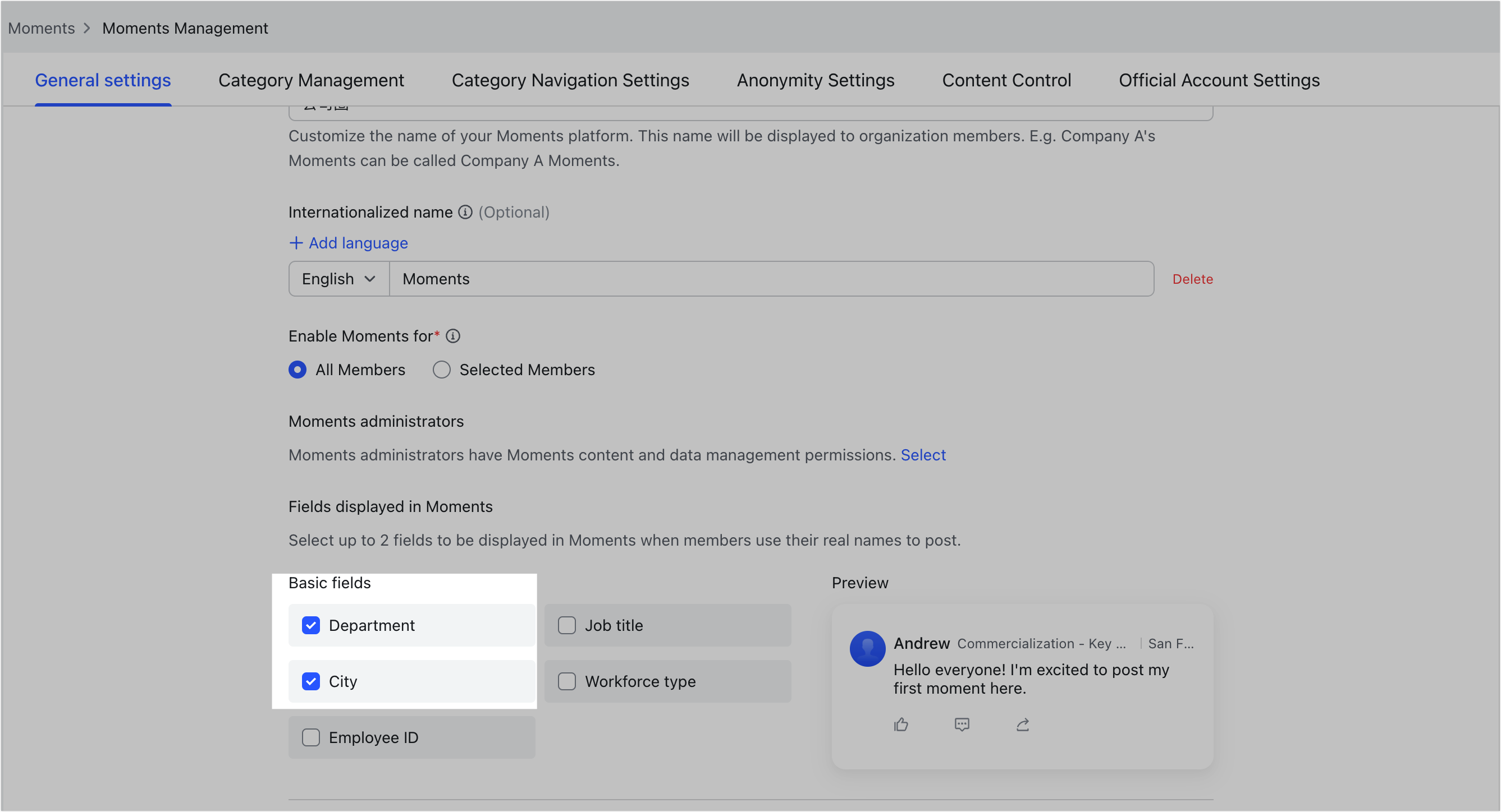 Admin | Set display fields in Moments