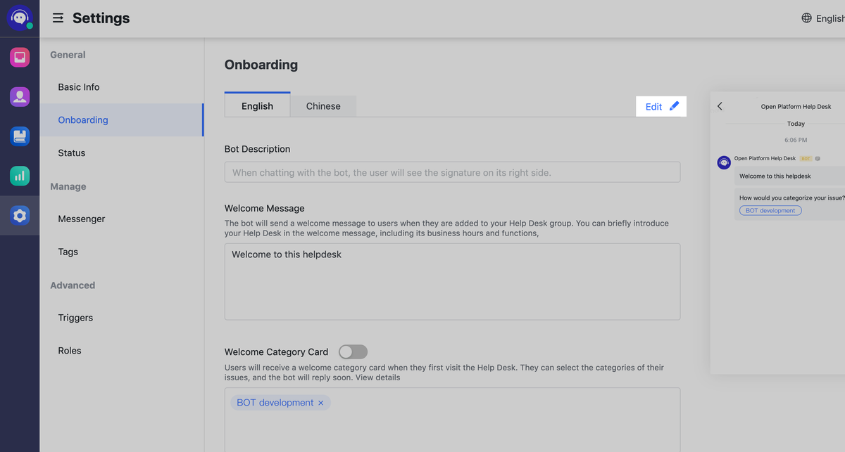 Adjust Help Desk settings