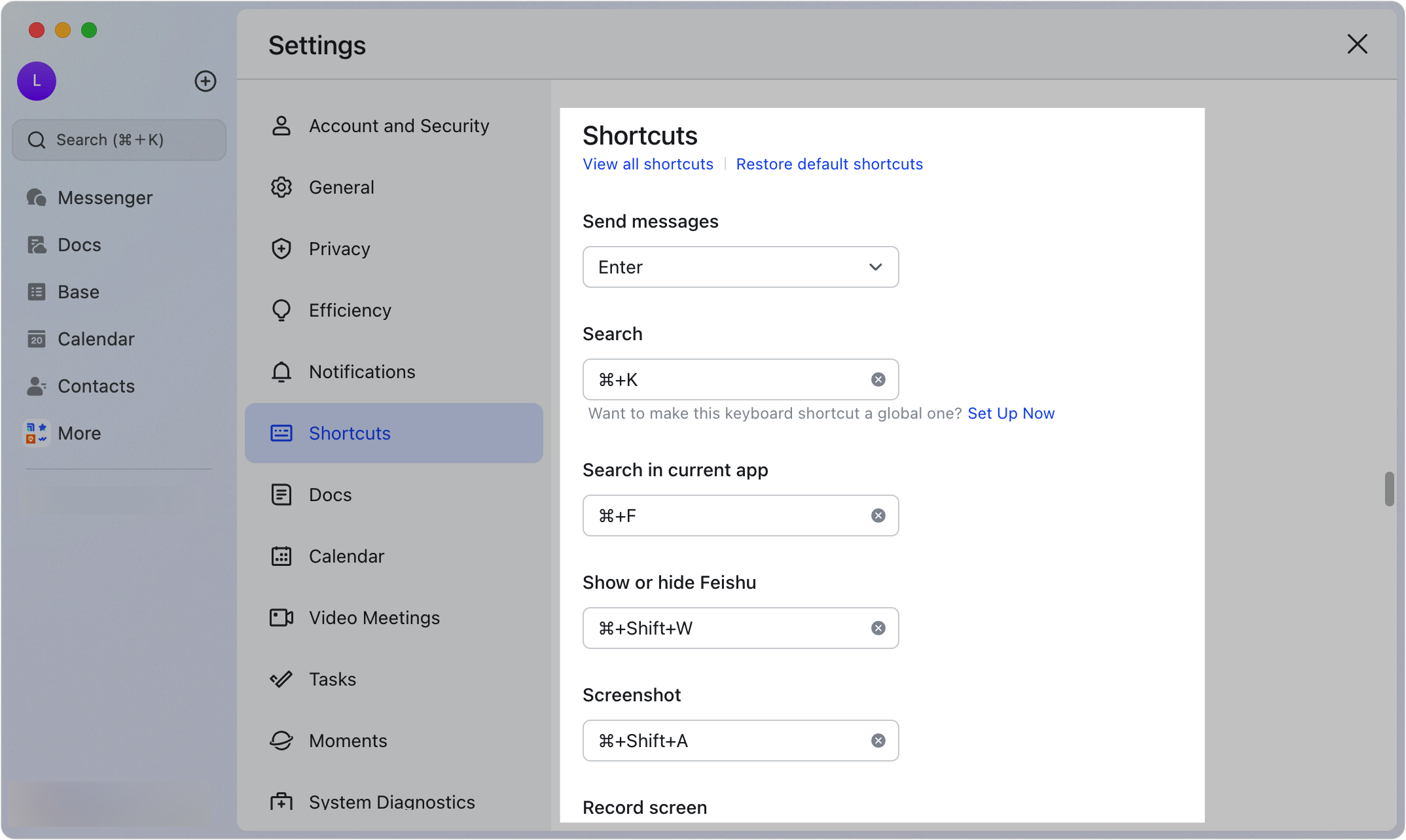 Modify shortcuts in Feishu