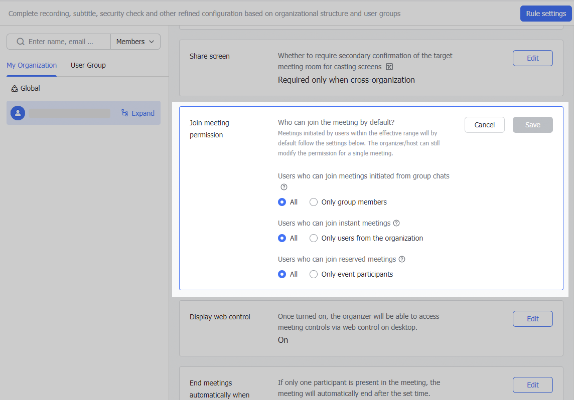 Admin | Configure meeting settings