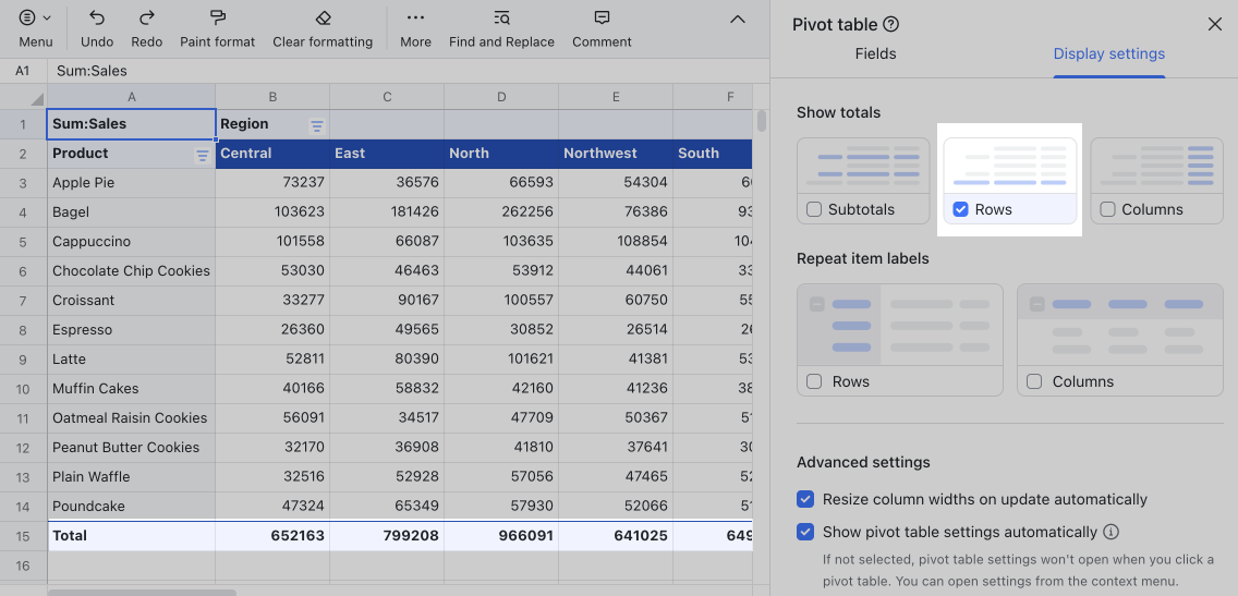 Change the display settings of pivot tables