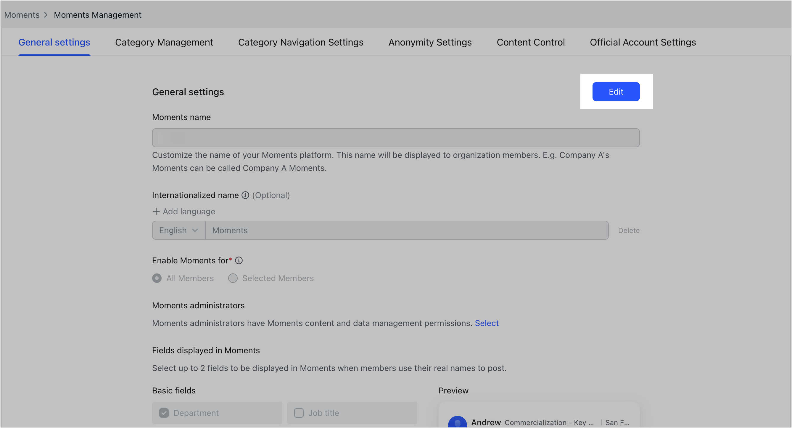 Admin | Set display fields in Moments