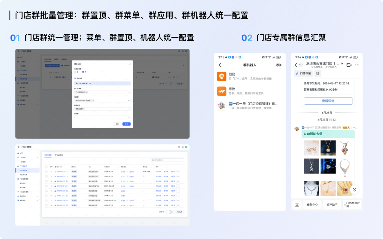 飞书门店经营管理方案通过一店一群的方式，打造了总部与门店和谐高效的协作空间。总部可以通过群菜单、群置顶、群机器人快速为门店统一设置各类工具入口和置顶信息，店长无需再作为信息的“二传手”。