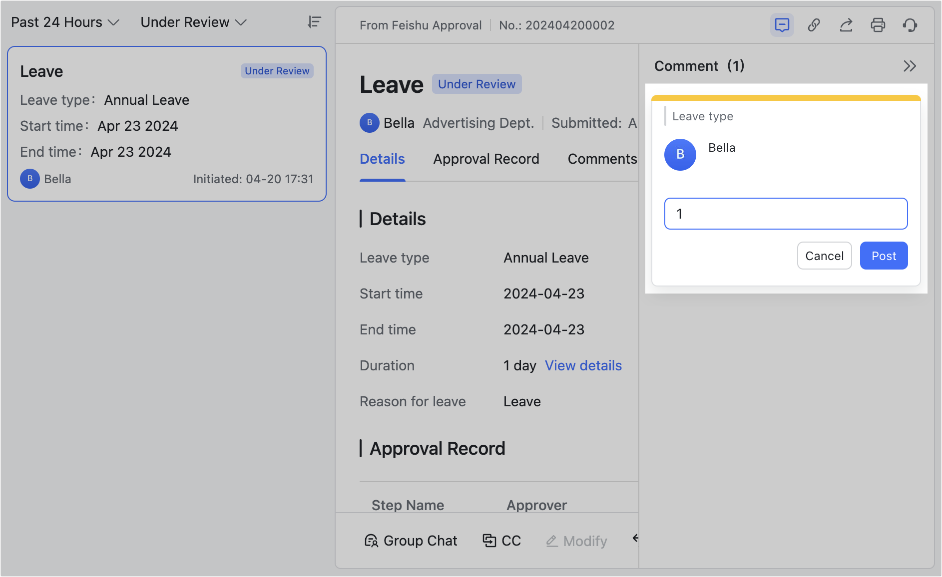 Comment in approvals