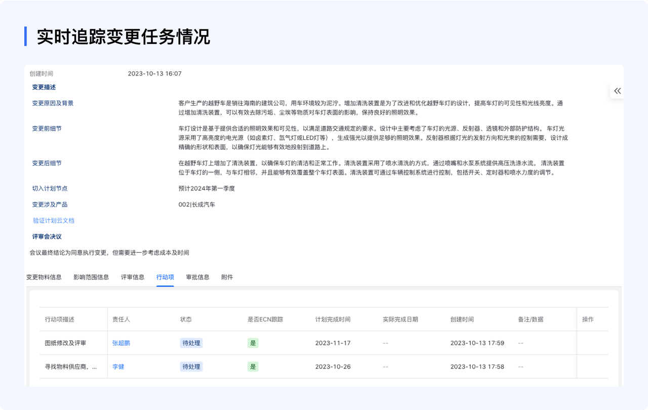 1. 变更任务处理情况实时跟踪：可以在变更单中实时查看相关任务处理进展。