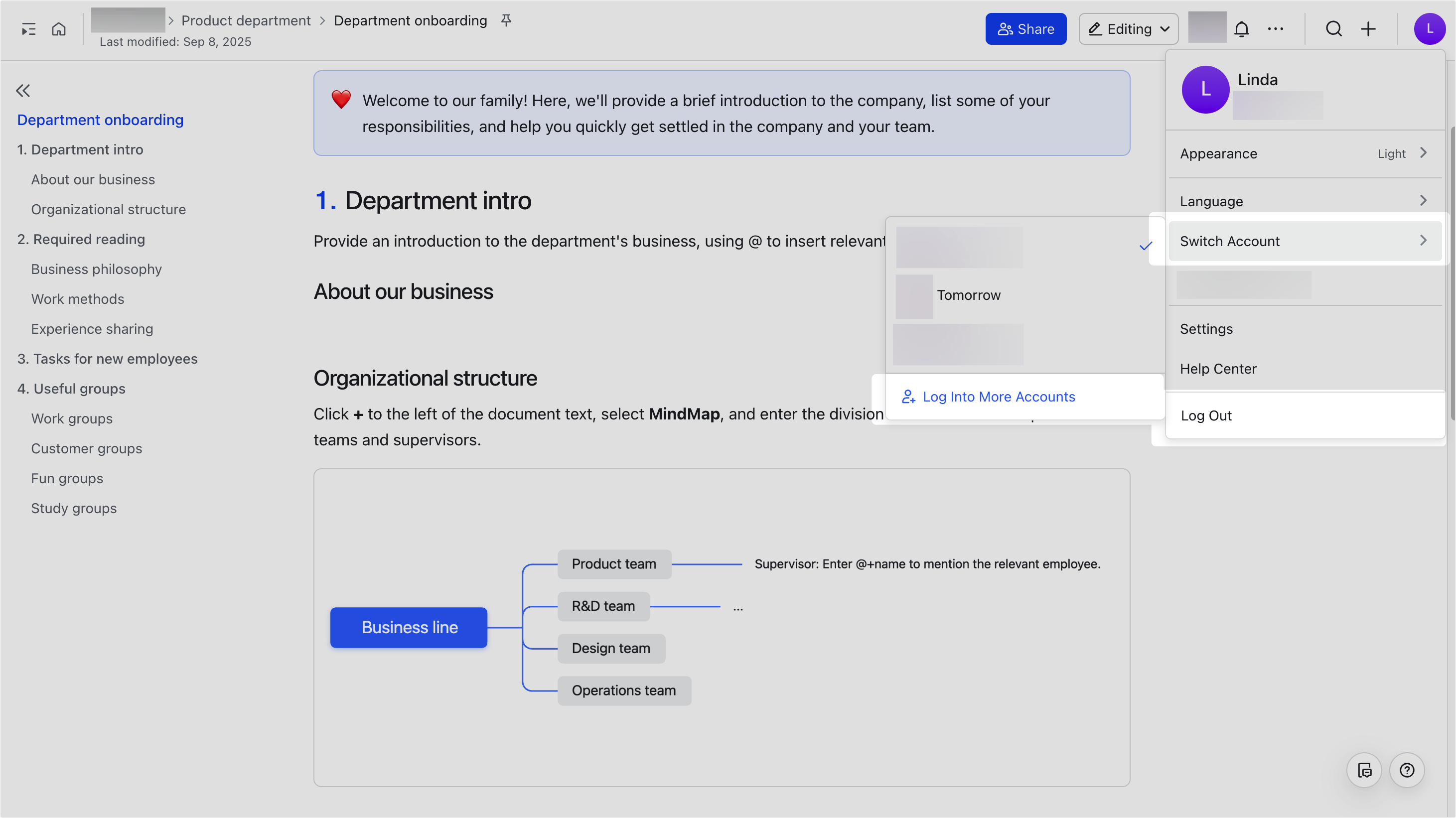 Switch accounts in Feishu Docs
