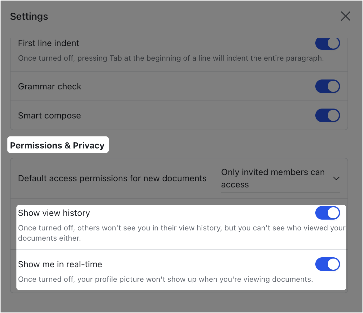 Check document information and configure privacy settings