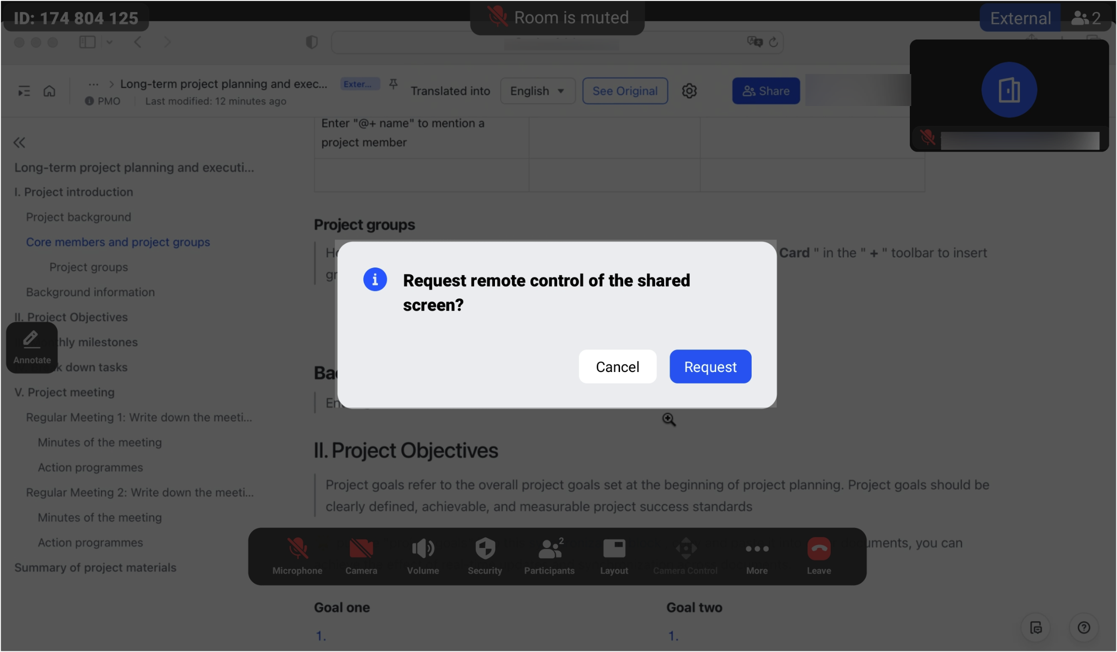 Remotely control shared content on Feishu Rooms touchscreen