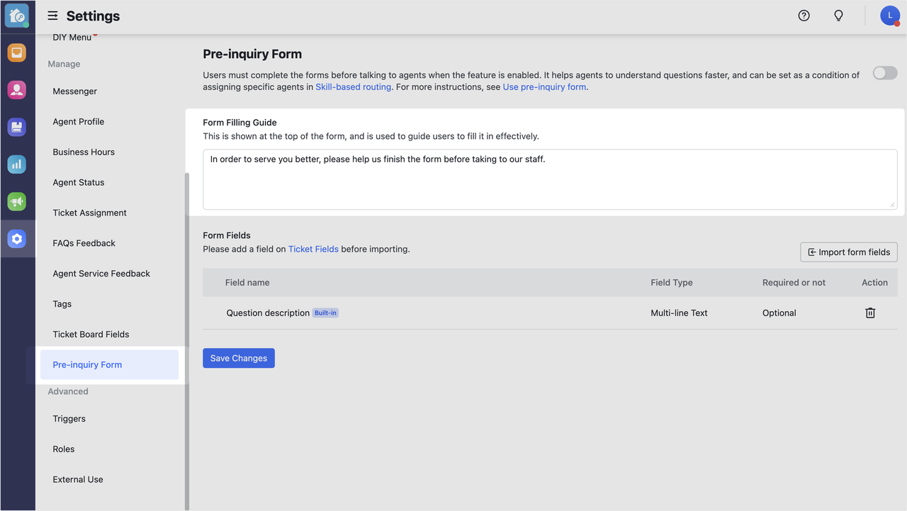 Configure Help Desk pre-inquiry forms