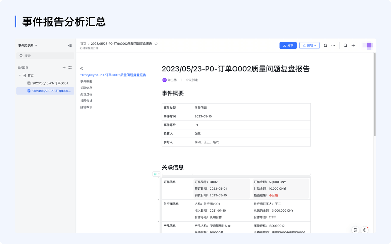 事件报告分析汇总：事件关联复盘报告模版，自动填充基础信息，并统一归档到采购知识库，方便分析复盘