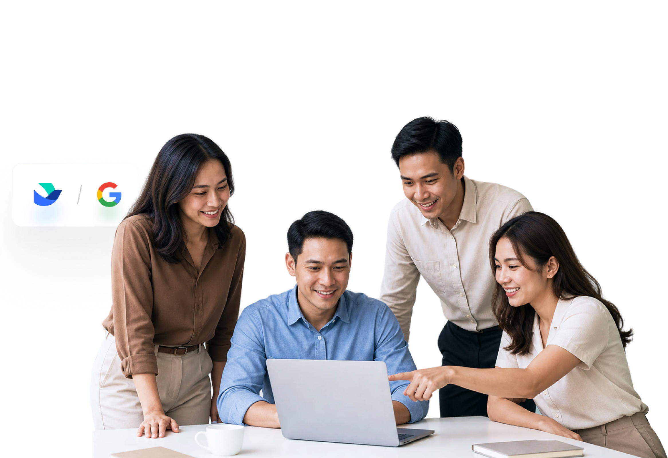 A team collaborating around a laptop, with Lark and Google Workspace logos