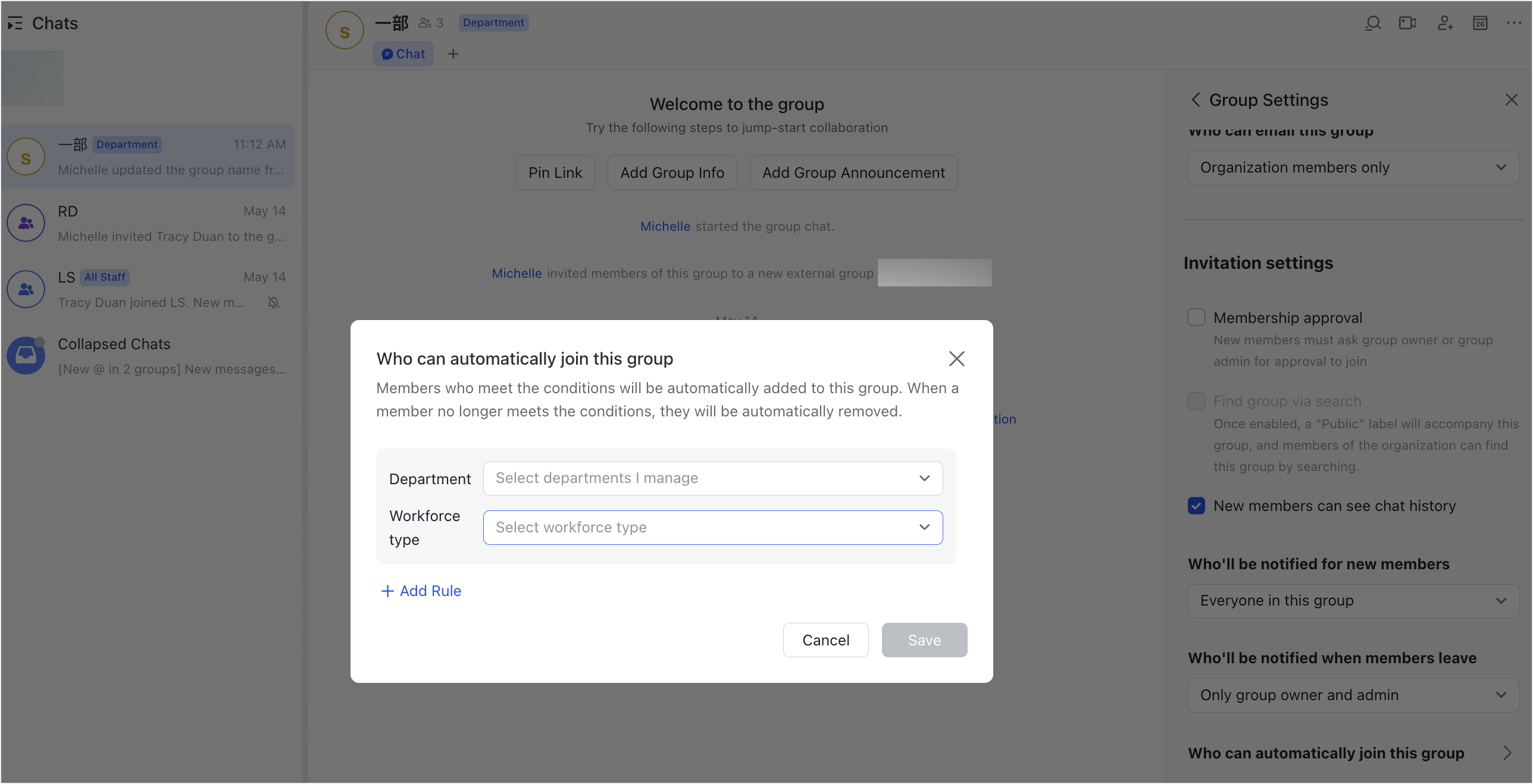 Create rules for department members to automatically join a group chat