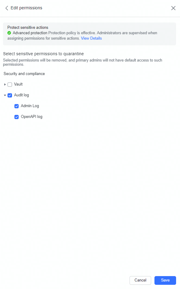 Admin | Set quarantine sensitive permissions