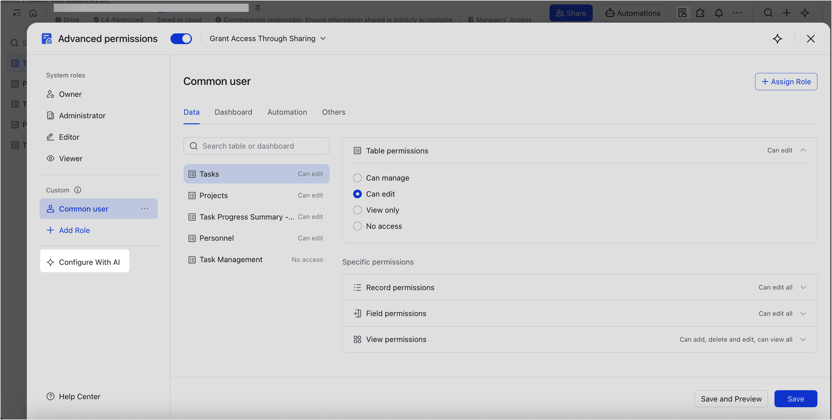 Use AI to configure advanced permissions in Base