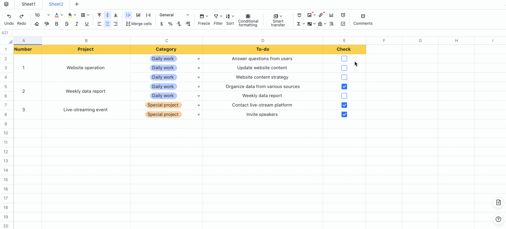 Use checkboxes in Sheets