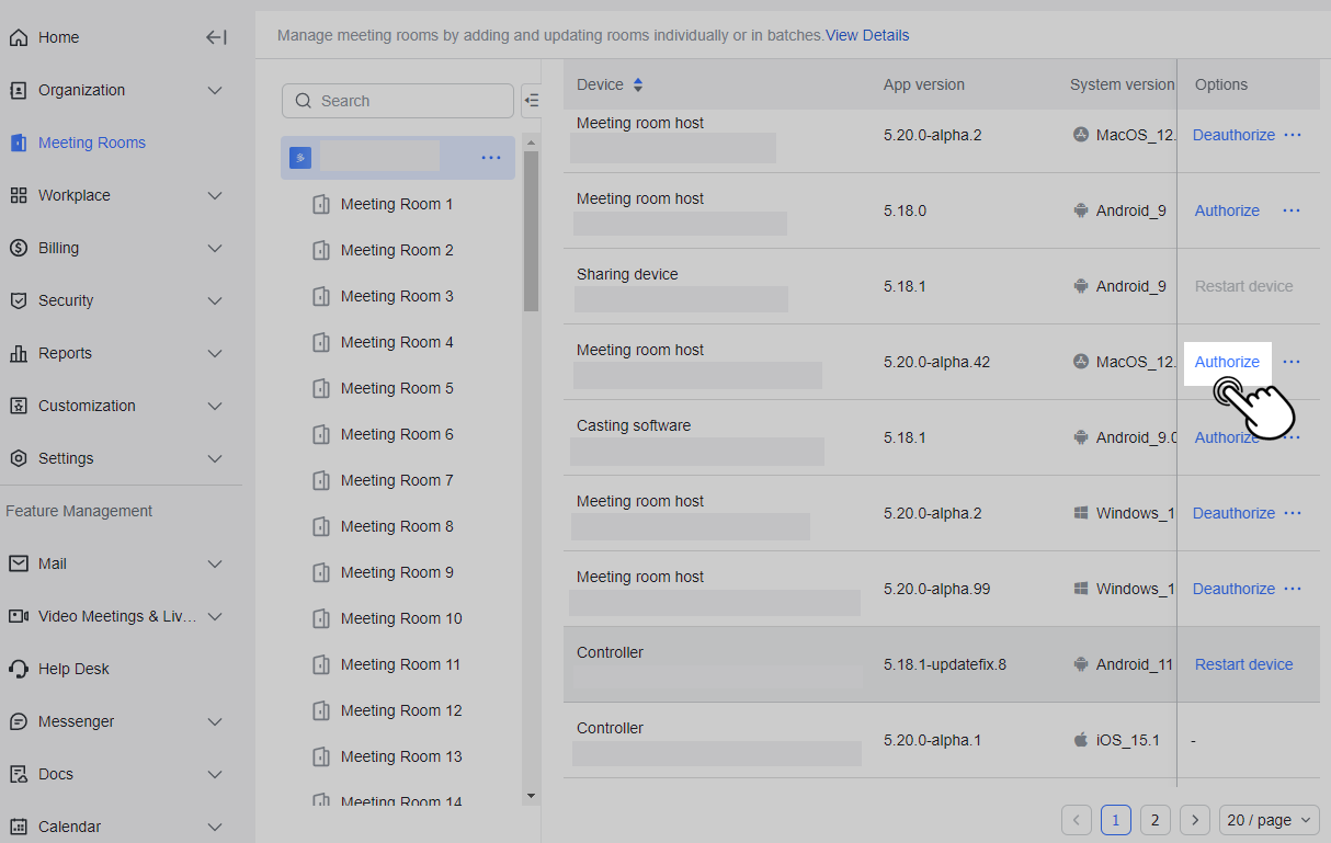 Manage meeting room license authorizations