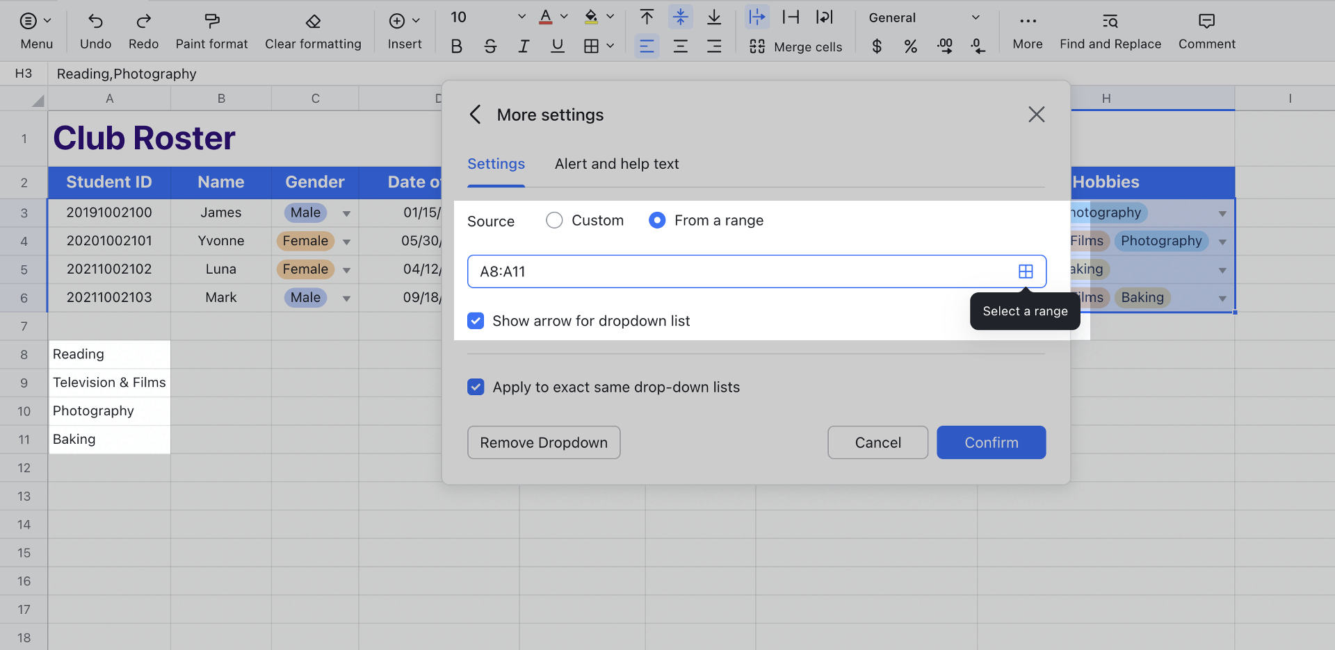 Use dropdown lists in Sheets