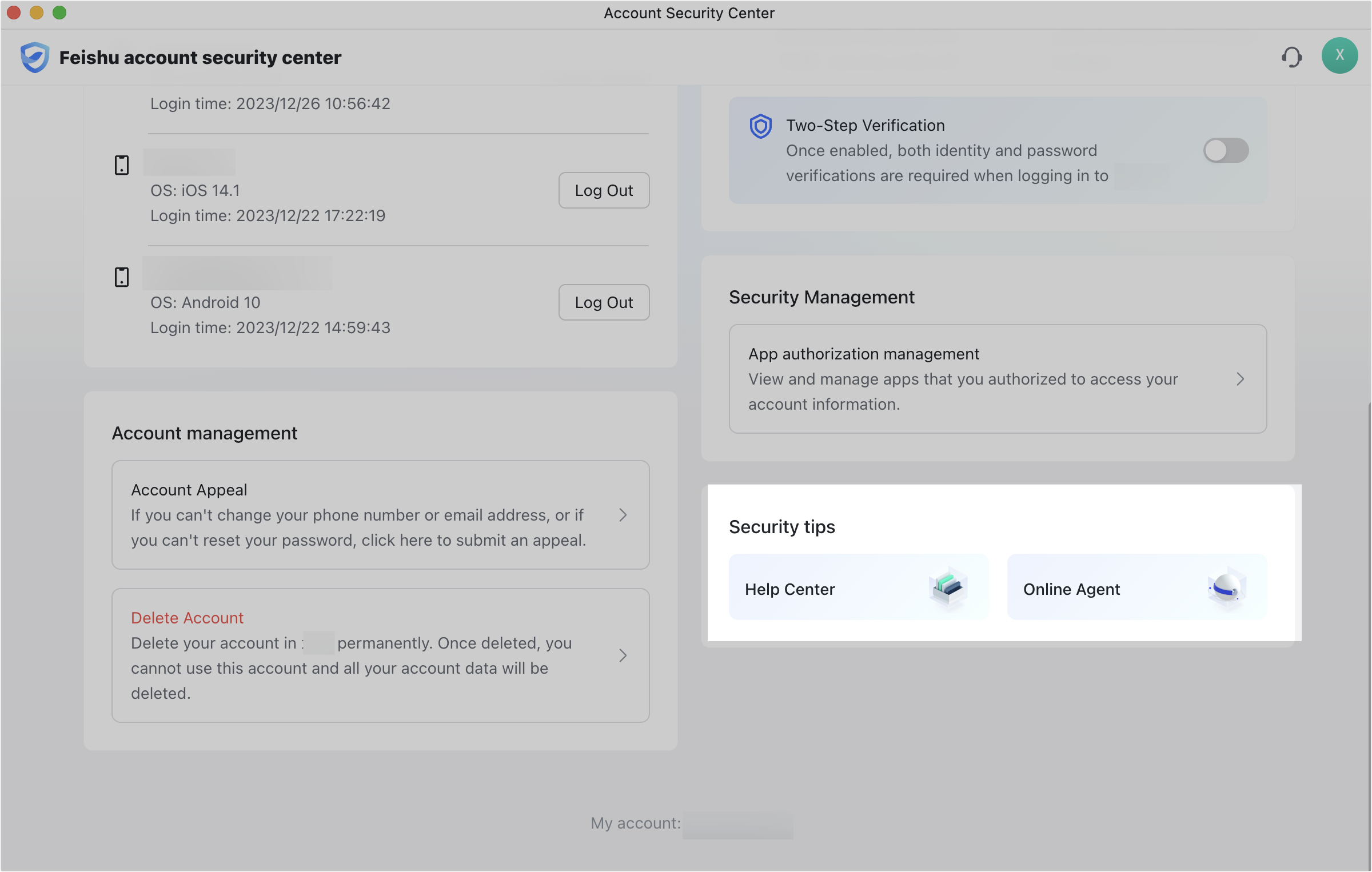 Account Security Center overview