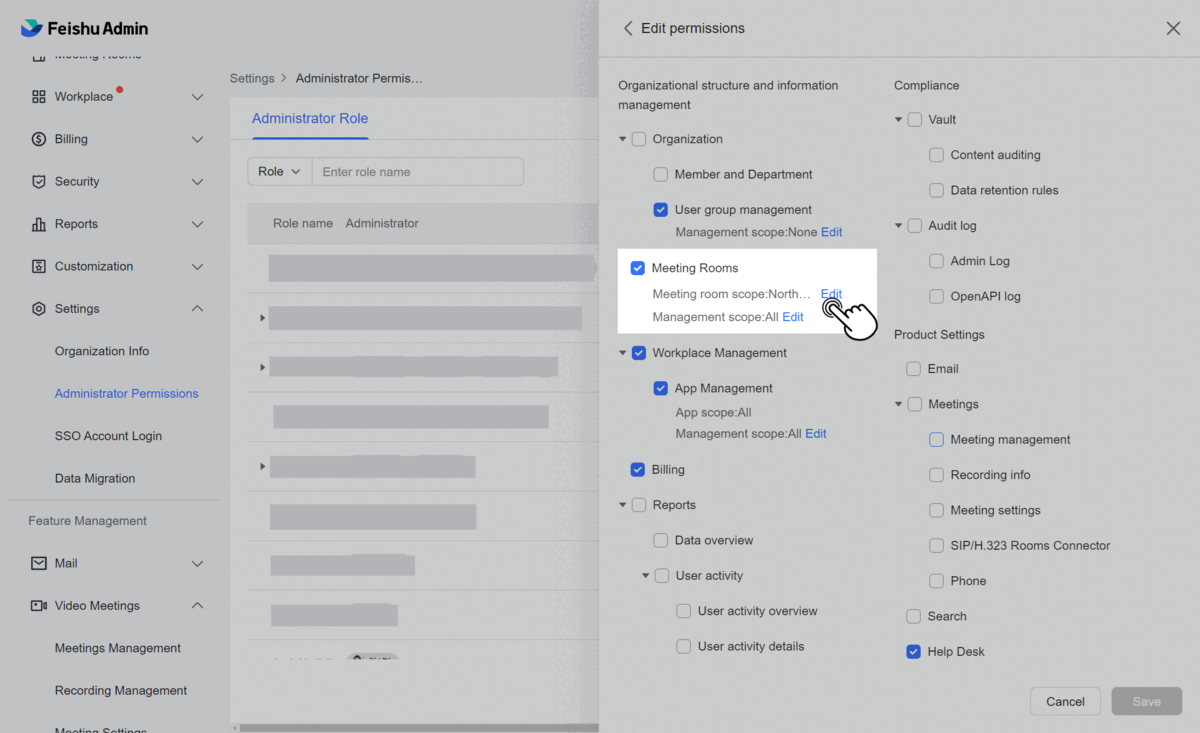 Set up meeting room management permissions for administrators