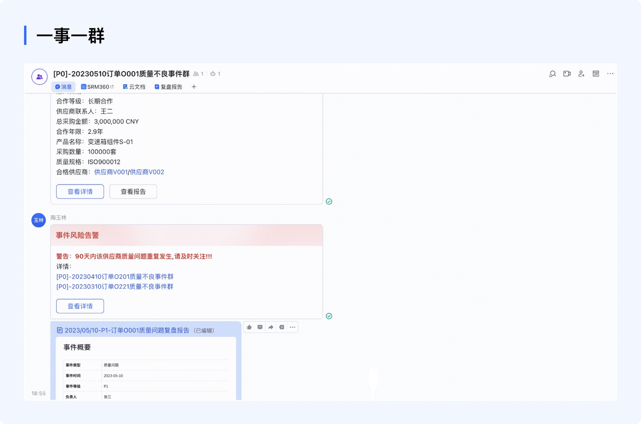 在飞书低代码平台的SRM系统中，每当特定采购事件发生时，自动按照规则建群、拉入相关角色，集中跟进事件信息、收取事件进展变更通知，关联事件问题复盘报告