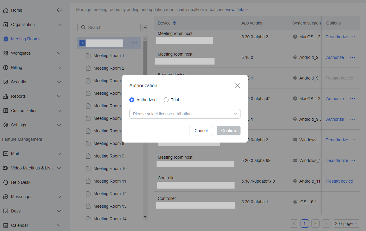 Manage meeting room license authorizations
