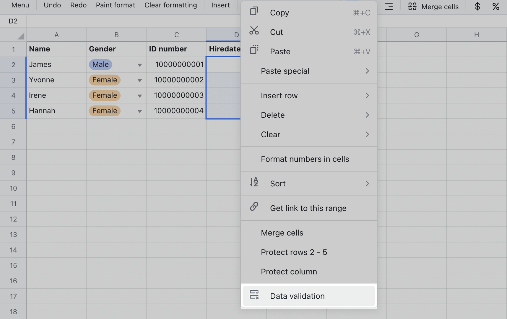 Use data validation in Sheets
