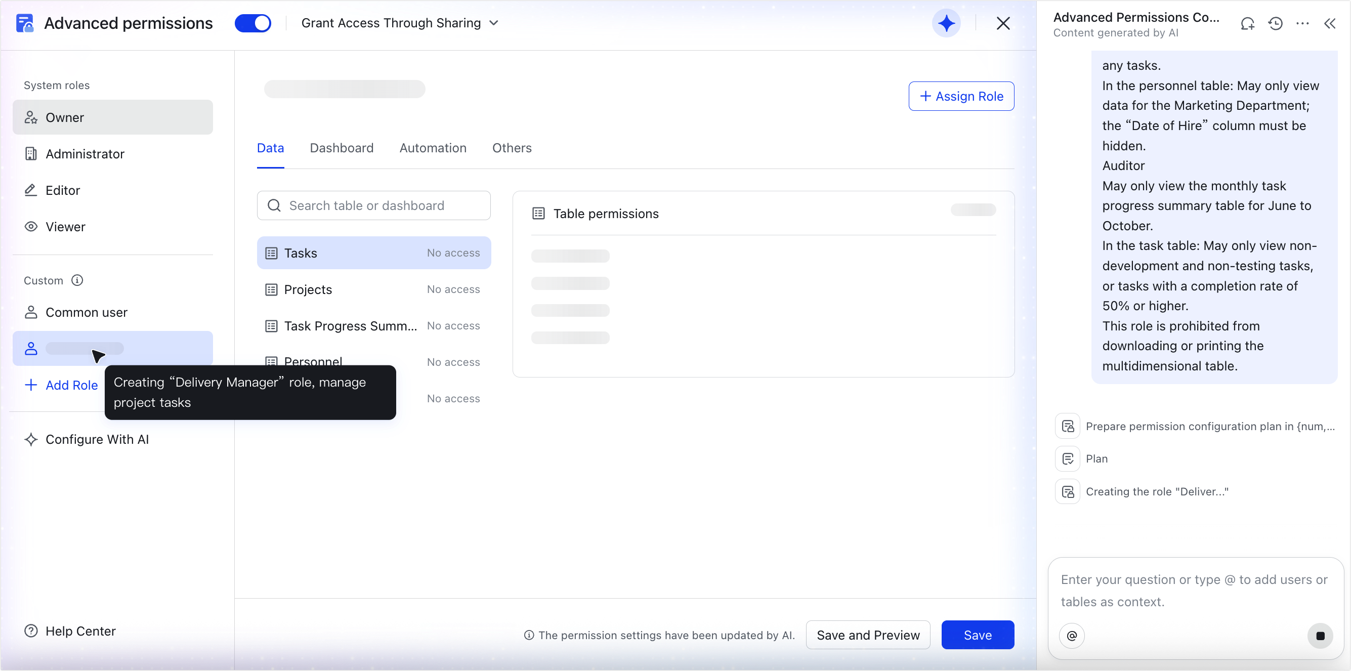 Use AI to configure advanced permissions in Base