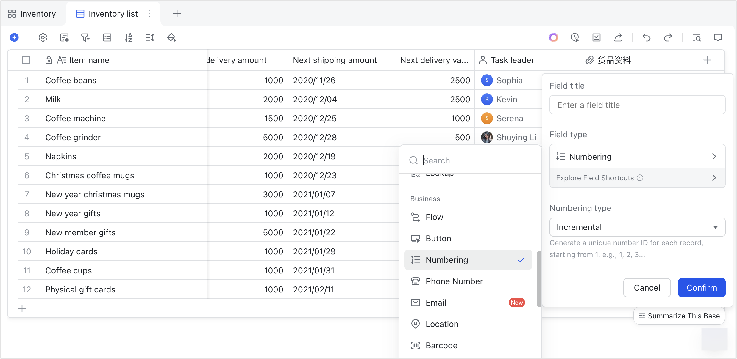 Use numbering fields in Base
