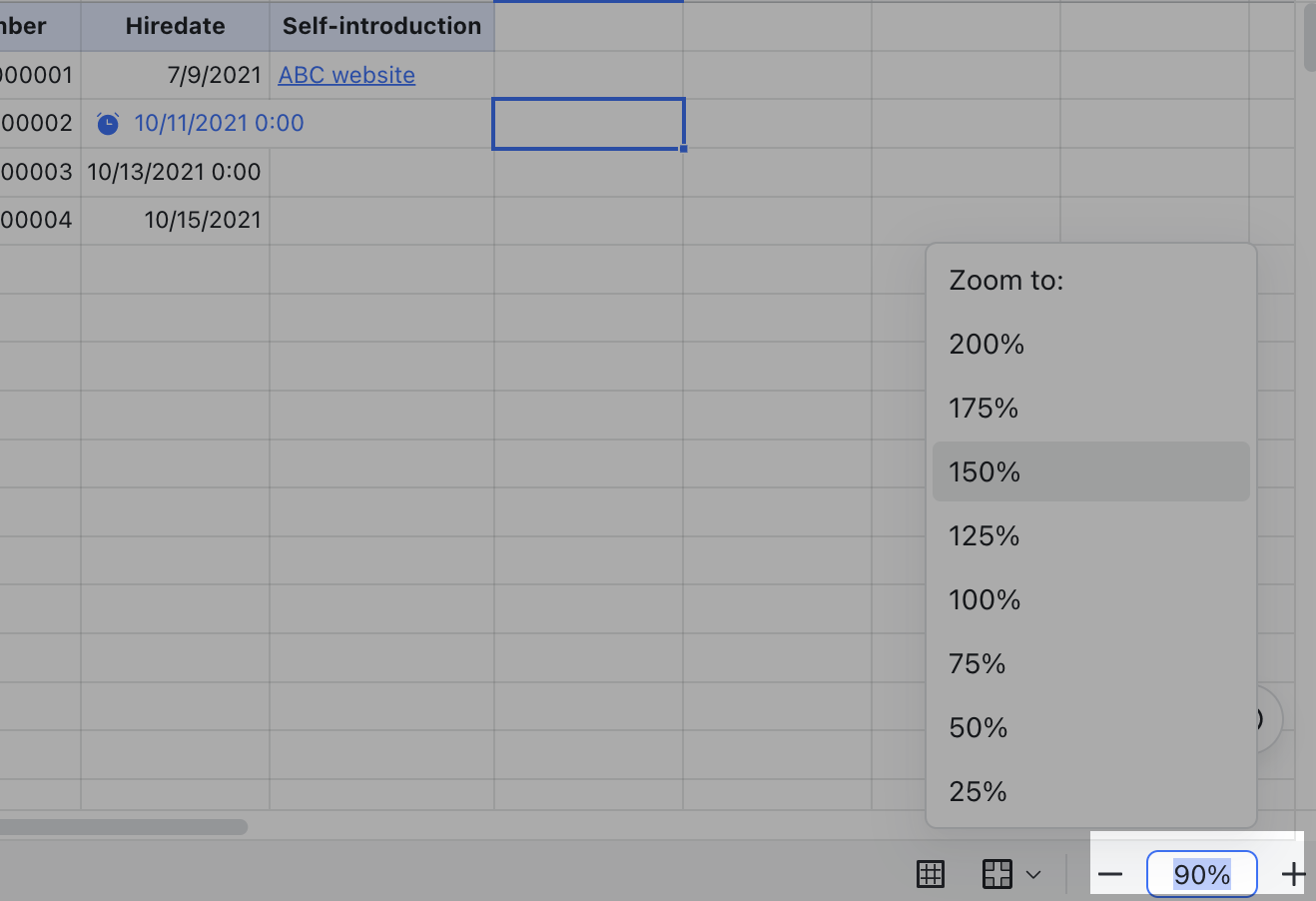 Zoom in and out in Sheets
