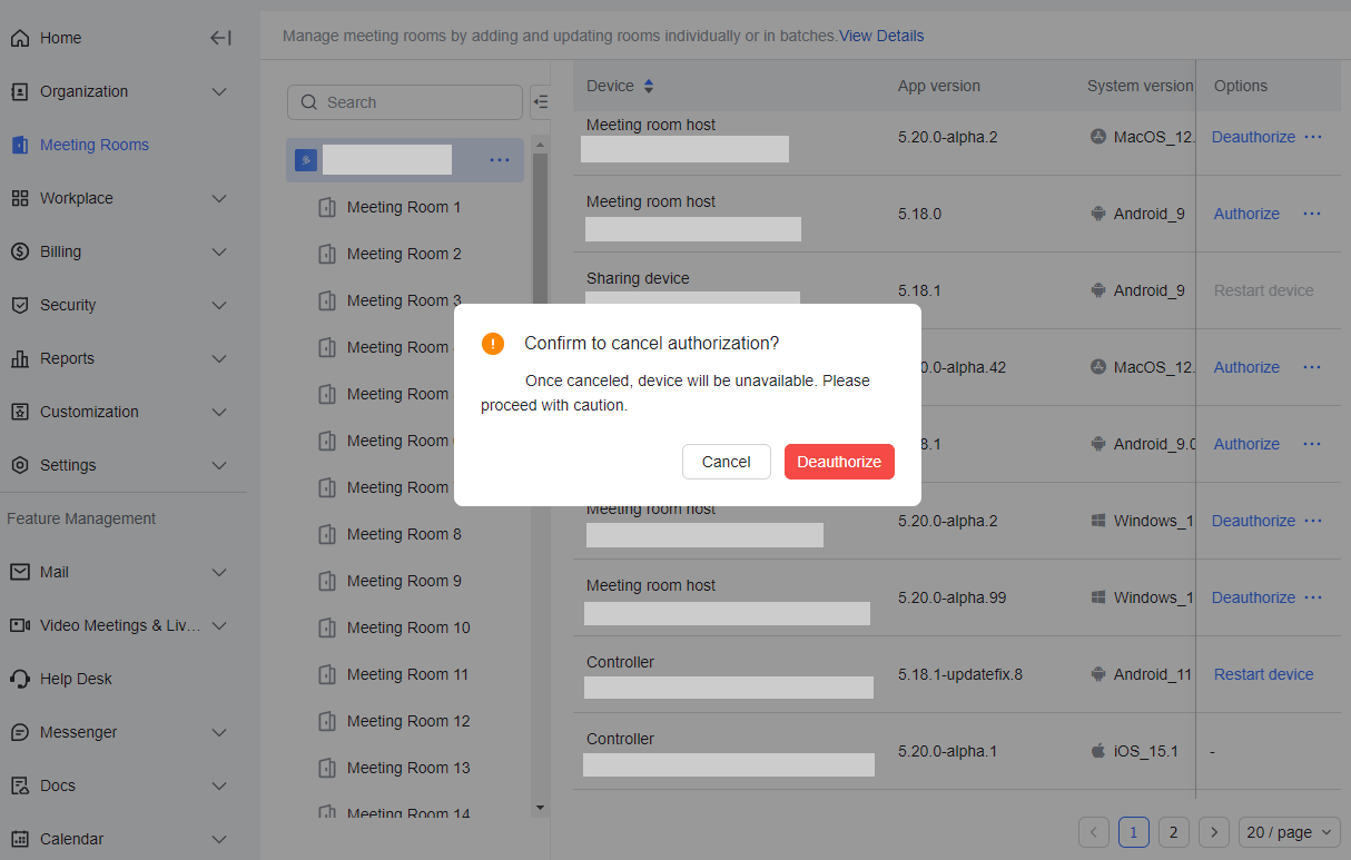 Manage meeting room license authorizations