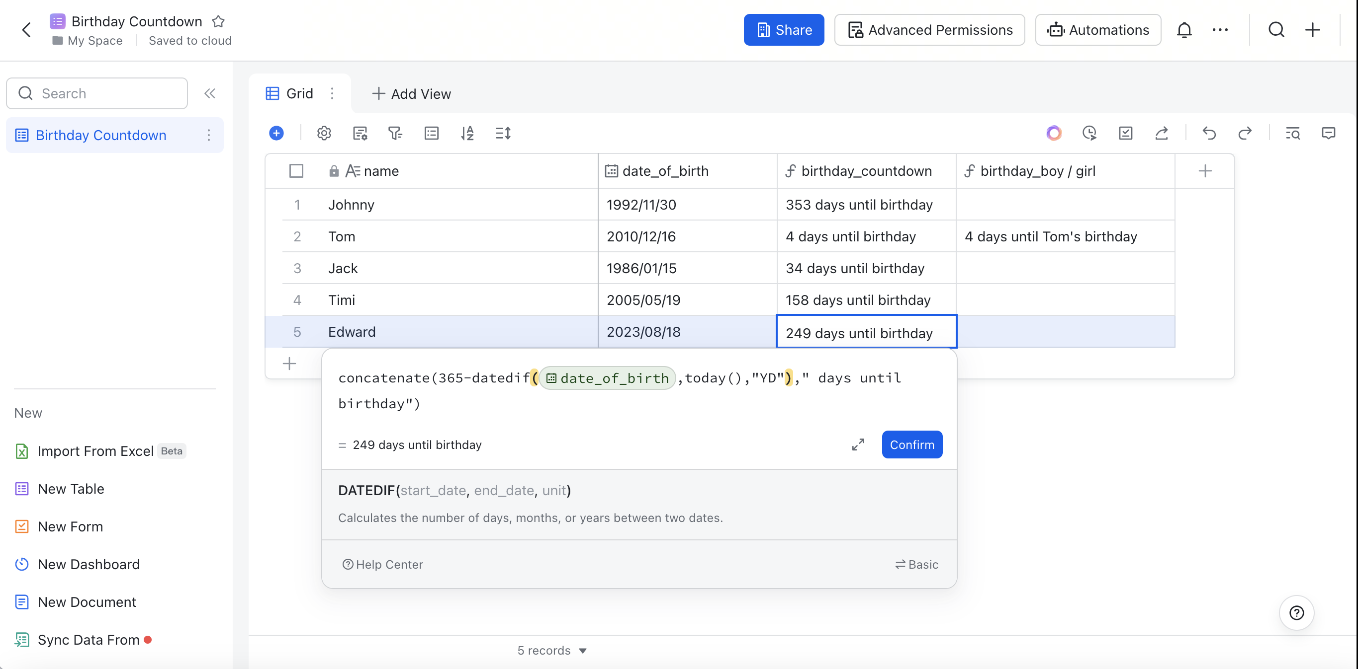 Use the DATEDIF function for Base
