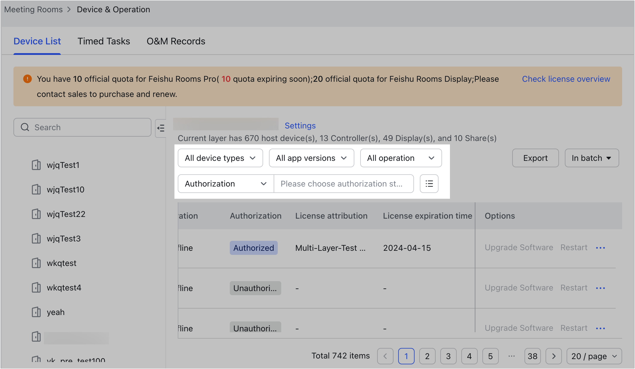Admin Manage meeting room license authorizations