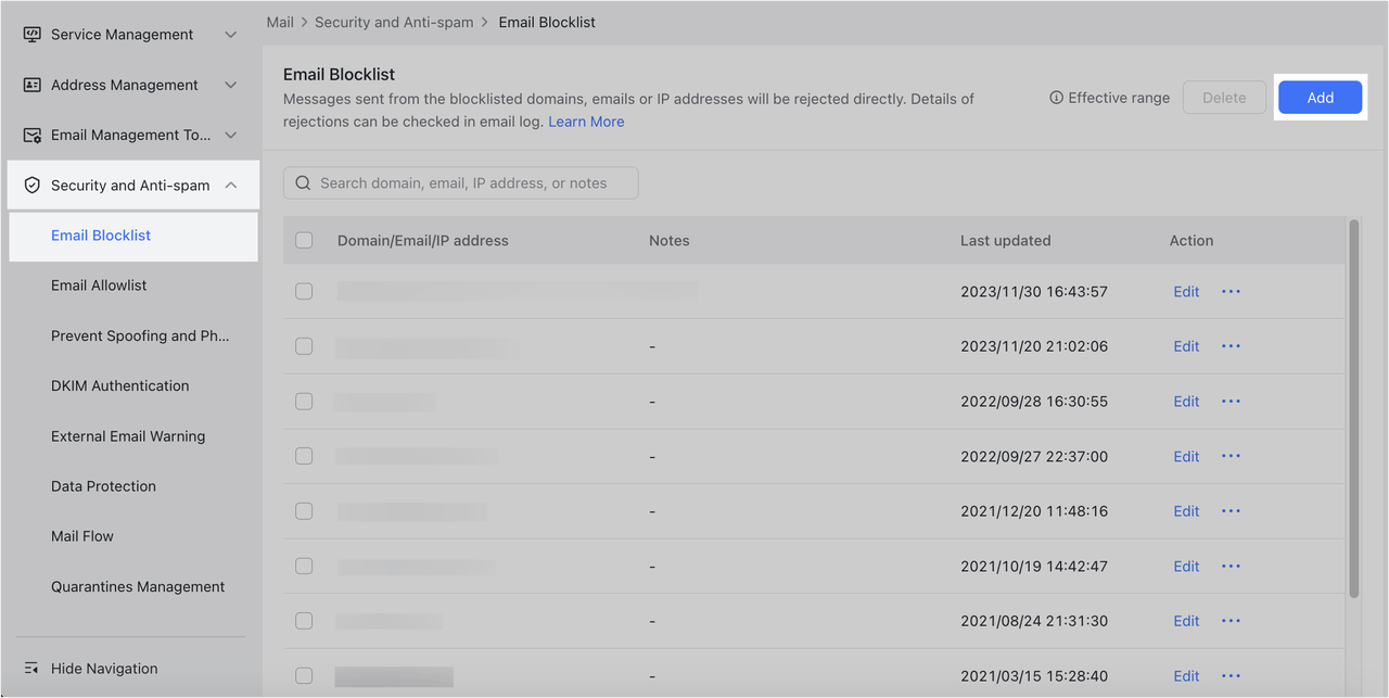 Admin | Create an email blocklist