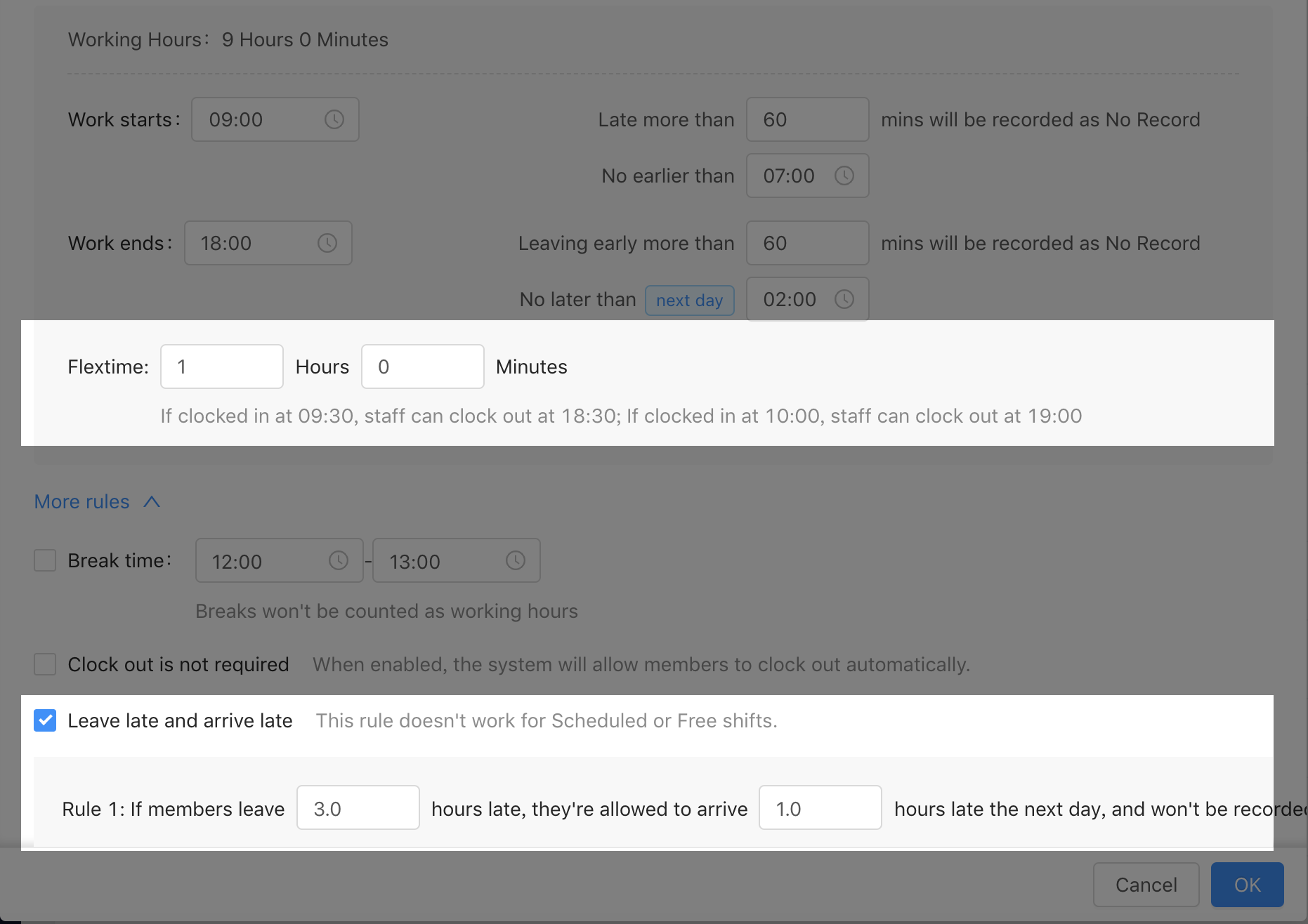 Set overtime rules for different shifts